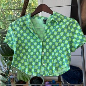 Wild Fable Retro Vibrant Green and Blue Floral Top